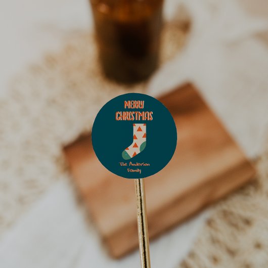 ヴィンテージ図解入りの、写真付きのストッキングメリークリスマス ラウンドシール