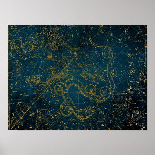 ヴィンテージ図解入りの、写真付きのダークブルー&金ゴールドスターマップ ポスター (正面)