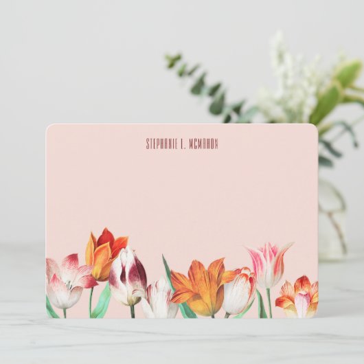 ヴィンテージ図解入りの、写真付きのチューリップオンライトピンク ノートカード (スタンド正面)