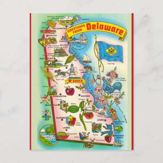 ヴィンテージ図解入りの、写真付きのデラウェアの地図 ポストカード (正面)