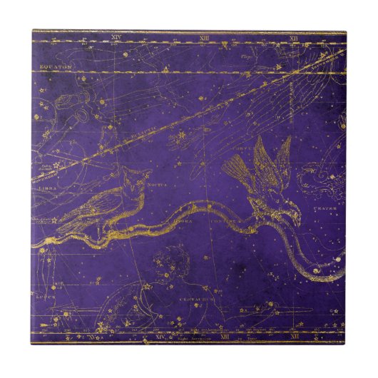 ヴィンテージ図解入りの、写真付きのパープル&金ゴールドスターマップ タイル (正面)