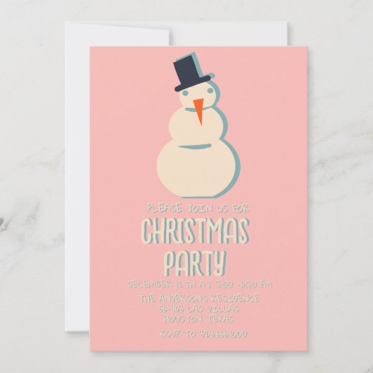 ヴィンテージ図解入りの、写真付きのピンククリスマス雪だるまパーティー 招待状 (正面)