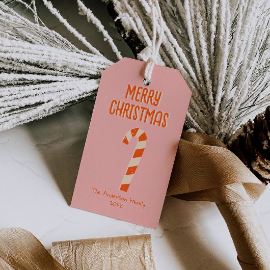 ヴィンテージ図解入りの、写真付きのピンクメリークリスマスキャンディバー ギフトタグ