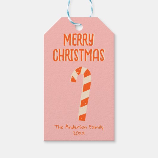 ヴィンテージ図解入りの、写真付きのピンクメリークリスマスキャンディバー ギフトタグ (正面)