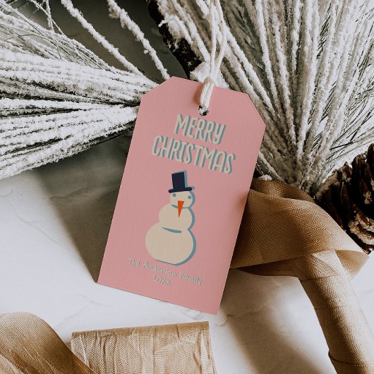 ヴィンテージ図解入りの、写真付きのピンクメリークリスマス雪だるま ギフトタグ