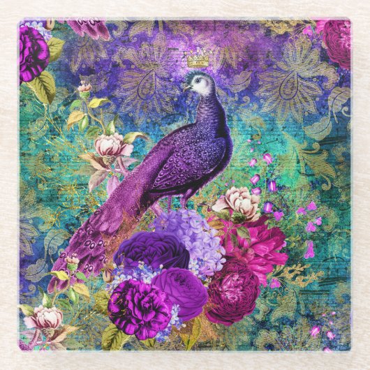 ヴィンテージ図解入りの、写真付きのピーコグランジックパターン ガラスコースター (正面)