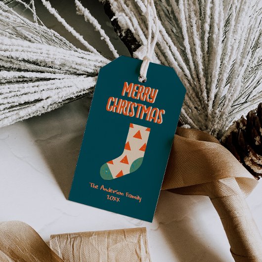 ヴィンテージ図解入りの、写真付きのメリークリスマス冬靴下 ギフトタグ