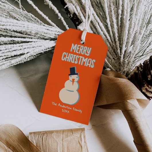 ヴィンテージ図解入りの、写真付きのレッドメリークリスマス雪だるま ギフトタグ