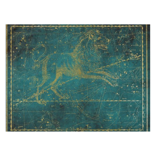 ヴィンテージ図解入りの、写真付きの・グリーン&金ゴールド・ライオン・スター・マップ テーブルクロス (正面(横))