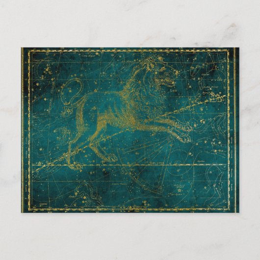 ヴィンテージ図解入りの、写真付きの・グリーン&金ゴールド・ライオン・スター・マップ ポストカード (正面)