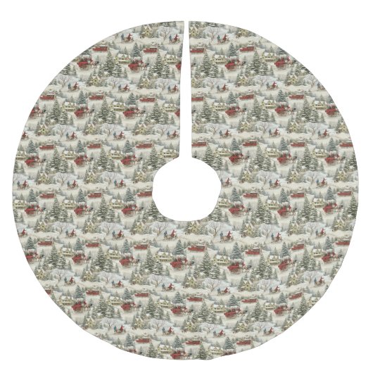 ヴィンテージ国のクリスマスシーン ブラッシュドポリエステルツリースカート (正面)