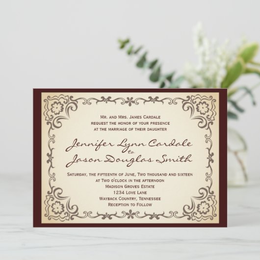ヴィンテージ国のスクロールフレーム結婚式招待状 招待状 (スタンド正面)
