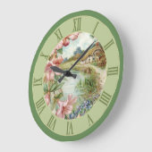 ヴィンテージ国コテージシーングリーンフローラ ラージ壁時計 (傾斜)