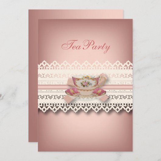 ヴィンテージ国レースのピンクフローラティーカップ茶パーティー 招待状 (正面/裏面)