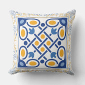 ヴィンテージ地中海のブルーと金ゴールドフローラタイル クッション (正面)
