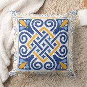 ヴィンテージ地中海のブルーと金ゴールドフローラタイル クッション (ブランケット)