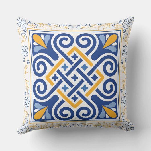 ヴィンテージ地中海のブルーと金ゴールドフローラタイル クッション (裏面)