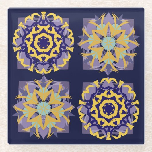 ヴィンテージ地中海のブルー金ゴールドタイルパターン ガラスコースター (正面)