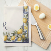 ヴィンテージ地中海のブルー&イエローレモンパターン キッチンタオル (四つ折り)