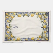 ヴィンテージ地中海のブルー&イエローレモンパターン キッチンタオル (横)