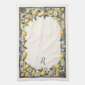 ヴィンテージ地中海のブルー&イエローレモンパターン キッチンタオル (縦)