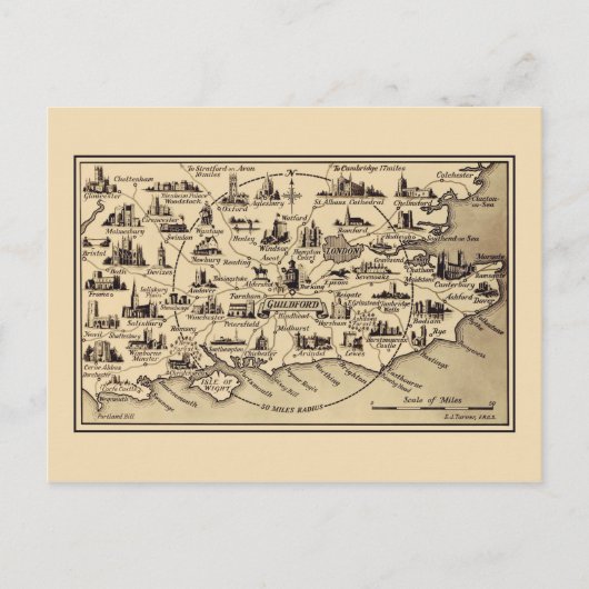 ヴィンテージ地図:サリー、ロンドン、ケント ポストカード (正面)