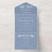 ヴィンテージ埃の多い青いフローラ結婚のフレームがオンになっている オールインワン招待状 (内側)
