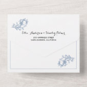 ヴィンテージ埃の多い青いフローラ結婚のフレームがオンになっている オールインワン招待状 (裏面)