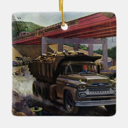 ヴィンテージ場の建築ダンプトラック セラミックオーナメント (正面)