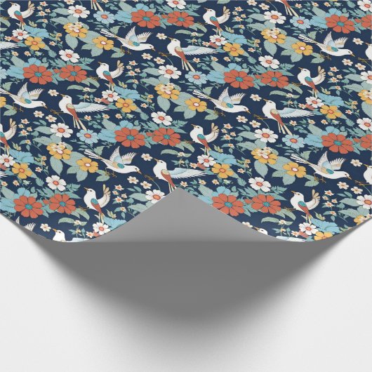 ヴィンテージ壁紙バードと花模様ネイビー ラッピングペーパー (角)