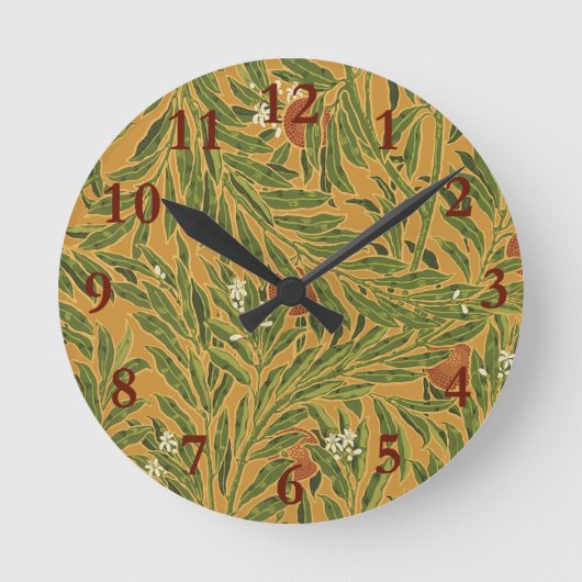 ヴィンテージ壁紙パターンオレンジの木の絵 ラウンド壁時計 (正面)