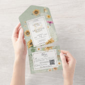 ヴィンテージ夏ひまわりセージ緑QRコード オールインワン招待状 (貼ってはがせる)