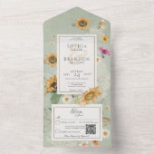 ヴィンテージ夏ひまわりセージ緑QRコード オールインワン招待状 (内側)