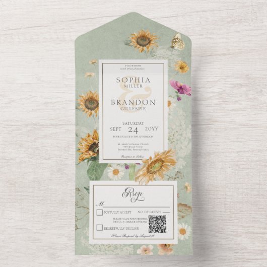 ヴィンテージ夏ひまわりセージ緑QRコード オールインワン招待状 (内側)