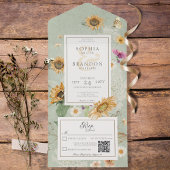 ヴィンテージ夏ひまわりセージ緑QRコード オールインワン招待状
