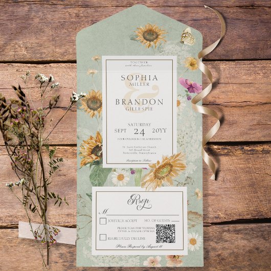 ヴィンテージ夏ひまわりセージ緑QRコード オールインワン招待状