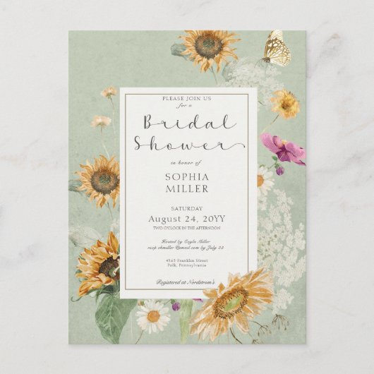 ヴィンテージ夏ひまわりフローラシャワー招待状 ポストカード (正面)