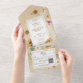 ヴィンテージ夏ひまわり黄色QRコード オールインワン招待状 (貼ってはがせる)