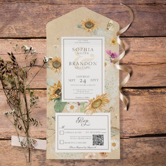 ヴィンテージ夏ひまわり黄色QRコード オールインワン招待状