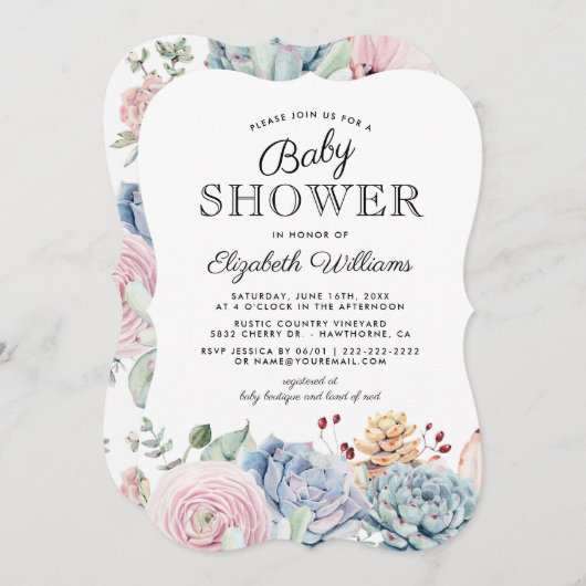 ヴィンテージ多汁性フローラ赤ちゃんシャワー 招待状 (正面/裏面)
