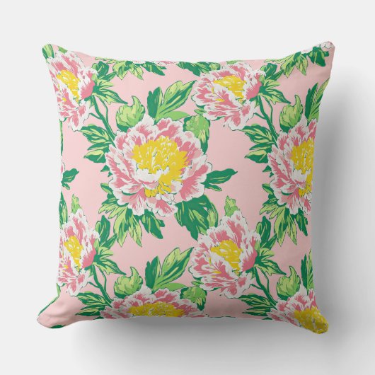 ヴィンテージ大ピンクと黄色の牡丹フローラ クッション (正面)