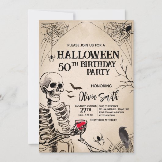 ヴィンテージ大人スカルハロウィーン誕生日パーティー 招待状 (正面)