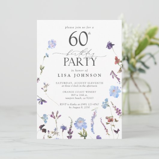 ヴィンテージ大人60歳の誕生日パーティーブルーワイルドフラワー 招待状 (スタンド正面)