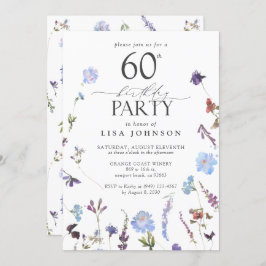 ヴィンテージ大人60歳の誕生日パーティーブルーワイルドフラワー 招待状