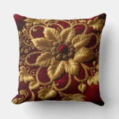 ヴィンテージ大花刺繍ルックレッド金ゴールド クッション (正面)
