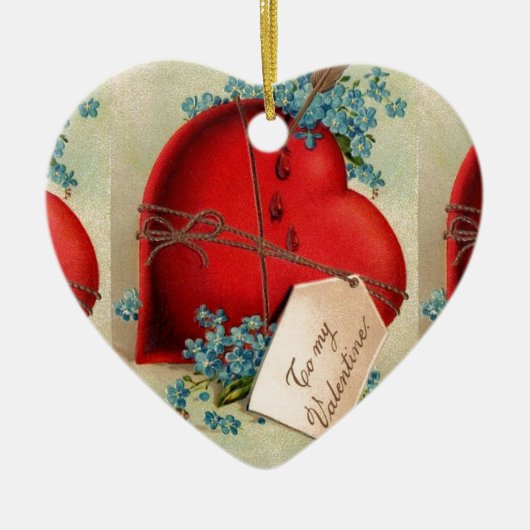 ヴィンテージ大赤出血ハートバレンタインポストカード セラミックオーナメント (正面)