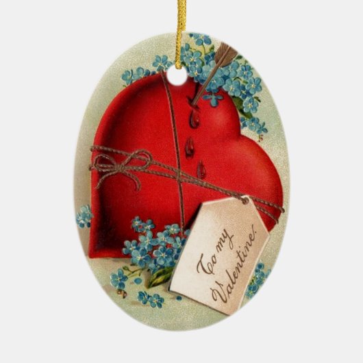 ヴィンテージ大赤出血ハートバレンタインポストカード セラミックオーナメント (正面)