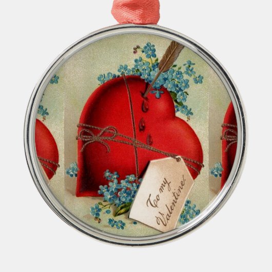 ヴィンテージ大赤出血ハートバレンタインポストカード メタルオーナメント (正面)