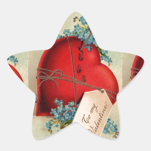 ヴィンテージ大赤出血ハートバレンタインポストカード 星シール (正面)