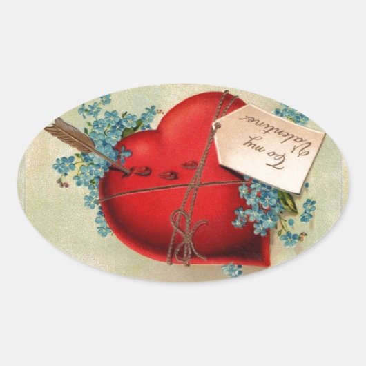 ヴィンテージ大赤出血ハートバレンタインポストカード 楕円形シール (正面)